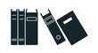 © SmartCoders5 - Set of black silhouette icons representing books and binders, showing a row of classic books and a tilted stack of office ring binders.