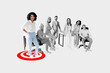© deagreez - Creative photo collage trend of individual leadership diversity executive inclusion team colleagues young lady colorful stand aim center