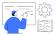 © robu_s - Person writing on whiteboard with lines, gear symbolizing process, and open book suggesting knowledge. Ideal for education, planning, strategy, learning, organization creativity teamwork. Simple