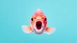 © Deepwood - Close-up of a goldfish with its mouth wide open against a blue background