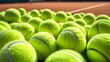 © Nataliya - Tennis balls spread across a bright court under natural light, showing their felt texture and the lively atmosphere of training sessions before competitive play