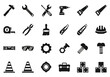 © John - A comprehensive vector icon set of black silhouettes representing various construction, repair, and do-it-yourself hardware tools