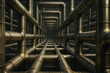 © kuber - Endless industrial pipeline network forming metallic grid labyrinth perspective, complex oil and gas infrastructure system with interconnected steel tubes extending into tunnel depth engineering backg