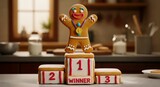 Gingerbread cookie standing on podium with winner medal in kitchen  