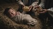 © Светлана Воротняк - Adoration of the baby by three wise men. New born child in manger with kings offering gifts of frankincense, myrrh, gold. Christmas nativity scene for holiday card.