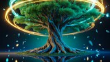 fantasy tree with glowing energy rings and floating particles symbolizing magic nature power life force and mystical forest atmosphere
