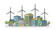 © PDWN Creative - Green city landscape powered by sustainable renewable energy sources, showcasing modern eco-friendly urban development with wind turbines and solar panels