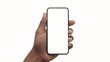 © MediaStockAI - Dark skinned hand holds modern smartphone with blank white screen isolated on white background