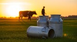 Dairy farming at sunrise with milk cans on green grass, cow and farmer blurred in background, fresh milk production, agriculture and rural farm lifestyle concept in countryside at golden hour