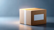 © Anastasiya Marchenko - Closed cardboard shipping box with white label and tape on smooth reflective surface against gradient background