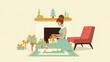 © Rica - Woman wrapping christmas presents near fireplace in cozy living room with retro furniture, creating a warm and festive holiday atmosphere.