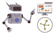 © robu_s - Robot pointing at digital charts on a monitor, diagrams illustrating analytics. Ideal for AI, technology, innovation, automation, data analysis, machine learning and connectivity. Simple flat