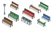 © Ophelia - Diverse outdoor benches and lamp post in isometric view for urban design
