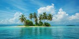 A serene tropical island with a small sandy beach, crystal-clear turquoise waters, and lush green palm trees under a bright blue sky with fluffy white clouds.