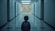 © Asawin - a young child stands at the end of a long, dimly lit hallway, with an alphabet on the wall. The child is looking towards the colorful alphabet