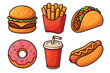 © Khmel - Delicious fast food assortment featuring burgers, tacos, and snacks. Set of 6 vector illustration