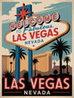 © SumonIslam - las vegas travel poster in flat mid-century style showcasing neon sign elements, casino lights, warm colors, and iconic skyline ideal for vintage wall art.