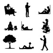 © Omi Begum - A minimalist vector set of 9 black silhouettes of people reading: sitting, standing, lying, with books, and outdoors. Ideal for education, library, and literacy themes.