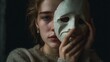 © Luiri Art - Young woman holding a white theatrical mask beside her face, with melancholic expression and soft natural light on dark background, symbolizing hidden identity and emotional vulnerability