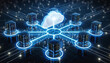 © Motion AI - Digital cloud network connecting multiple glowing servers representing modern data center and cloud computing infrastructure