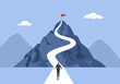 © pasakorn - businessman journey concept vector illustration of a mountain with path and a flag at the top, route to mountain peak, business journey and planning concept