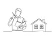 © Vector.art.com - One line drawing of a real estate agent with a notebook and a house. Minimalist continuous line property illustration isolated on white background.