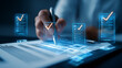 © rafaelnlins - Profissional assinando documento com elementos holográficos de checklist, simbolizando autenticação digital, validação, processos modernos, produtividade e gestão eficiente empresarial