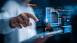 © rafaelnlins - Interface digital com ícones de documentos sendo selecionados por toque, representando gestão moderna, organização, tecnologia, armazenamento seguro e processos eficientes no ambiente corporativo