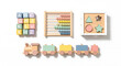 © Umairey - Educational wooden toys including blocks abacus shape sorter and train for children.