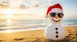 © theo - Festive snowman basking in the sun on a tropical beach at sunset
