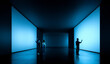 © Lustre Art Group  - Neon surreal design. People interacting with large glowing blue screen walls in futuristic minimal corridor. Concept of tech display spaces, AI-enhanced backgrounds, and immersive digital visuals.
