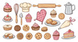 © MinixT - Large collection of hand-drawn baking and dessert items, featuring cakes, cupcakes, cookies, and various pastry tools in a sketch style.