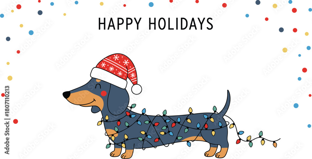 Cute dachshund dog wrapped in colorful Christmas lights wearing Santa ...