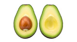 Fresh ripe avocado cut in half showing creamy green flesh and large brown seed isolated on transparent background