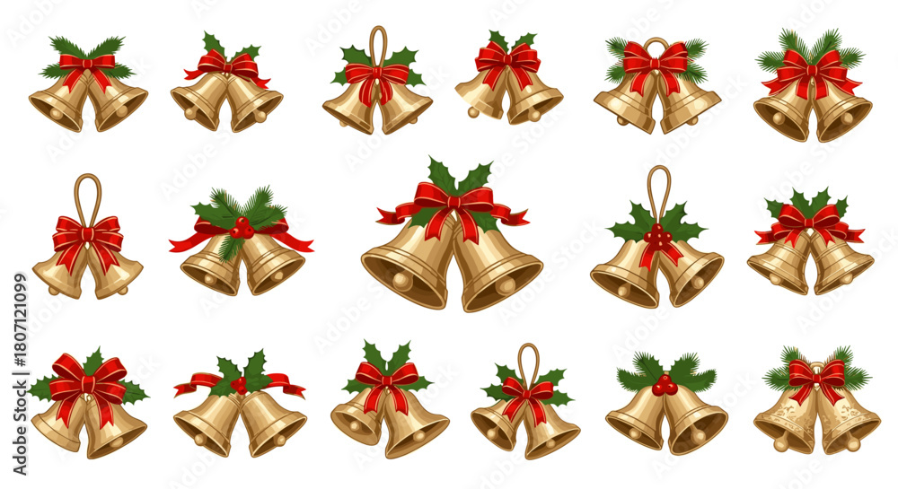 Collection of christmas bells with red bows and holly decorations set ...