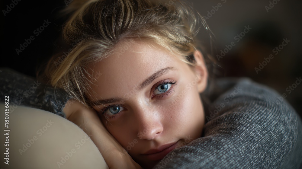Closeup of a sad young woman sitting on a couch at home Stock Photo ...