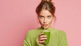 Healthy woman consuming green detox juice promoting a nutritious vegetarian lifestyle