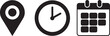 © MdShajahan - Black Icons of Location Pin, Clock, and Calendar on White Background map marker destination