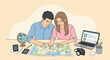 © Dodol Creative Stock - Couple planning trip, examining map together. Globe, passport, laptop, camera, and stationary surround them