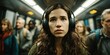 © YanabY - Young woman wearing headphones gazes thoughtfully while riding a crowded subway in an urban setting during rush hour