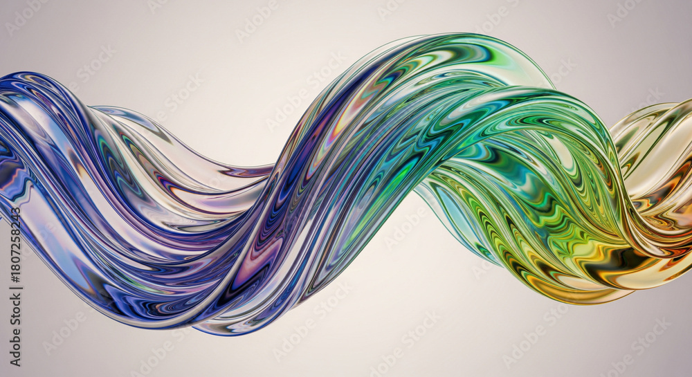 Fluid iridescent glass ribbon with holographic reflections, minimal ...
