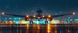 © wilson - An airplane landing at night with illuminated wing and engine lights against a backdrop of glowing city lights and urban landscape