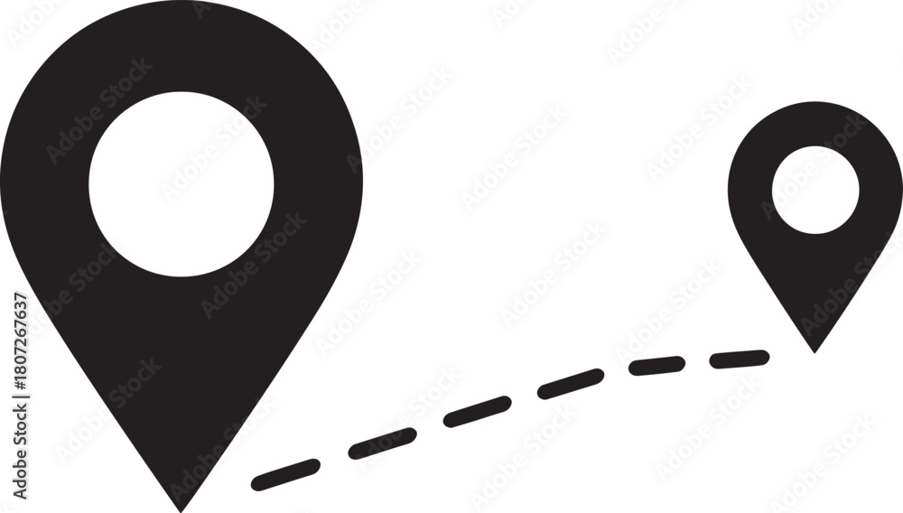 Two map location pins connected by a dashed line on white Keywords: map ...