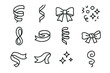 © Farid - Party Decor Icons. Streamers & Ribbons Set outline icon set: curled ribbon, hanging streamer, bow, confetti, looped string, paper swirl, spiral strand, tied knot, fabric fold,