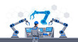 © Sadil - Technological advancement showcase: Man overseeing automated robotic system in factory setting