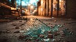 © MyStockz - Sharp fragments of shattered glass lie scattered across a dusty urban street with blurred warm lights in the background
