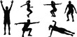 © Wajkuruni - Fitness silhouette, exercise poses, bodyweight workout, black figure, squat position, jump movement, side plank, stretch posture, core training, motion study