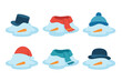 © Another - Winter snowman silhouette icon set. featuring hat, scarf, beanie, carrot nose, melted snow symbols