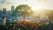 © neirfy - tree with digital roots spreading into a shenzhen city, where professionals use secure devices to access global economic models and green initiatives