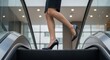 © Elenba - Businesswoman on escalator stepping forward with confidence and determination. Escalator ride represents career advancement with stylish heels and formal skirt.